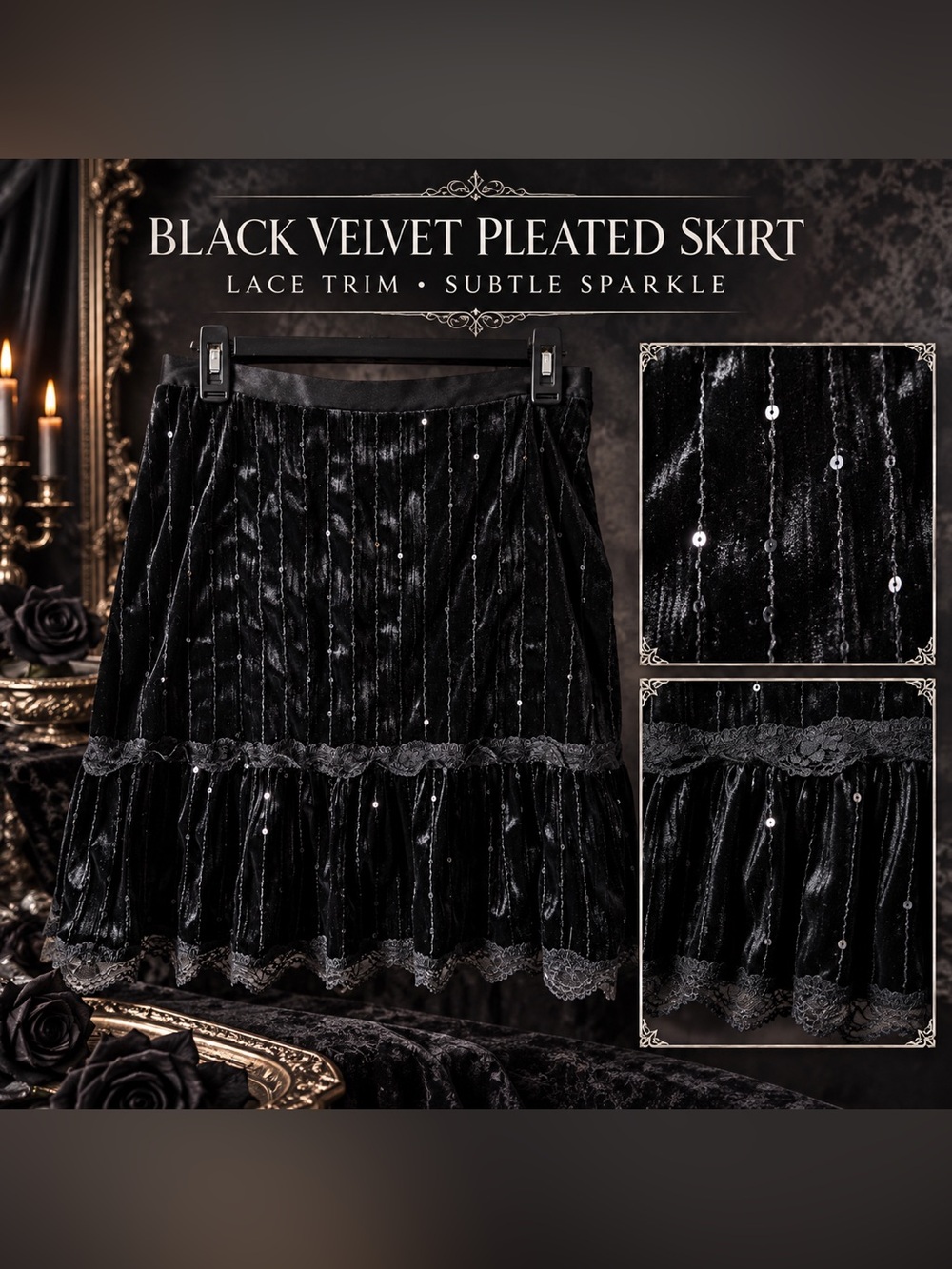 Vintage Black Velvet Pleated Lace Sparkle Skirt - M